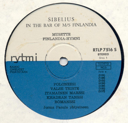 Jean Sibelius / Jorma Panula And His Ensemble : Jean Sibelius In The Bar Of M/S Finlandia (LP, Album)